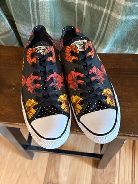 Converse Low Top Floral Sneakers - Black with Red & Yellow Flowers and polka dot